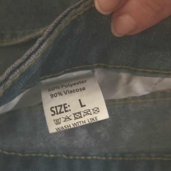 Blue Rolled Hem Denim Shorts, Slim Fit Ripped Floral Print Slash Pockets L 8-10 - Picture 9 of 13